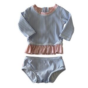 Ruffle Butts Baby Girls Striped Rash Guard Swimsuit Set Pink White Blue 3 6m